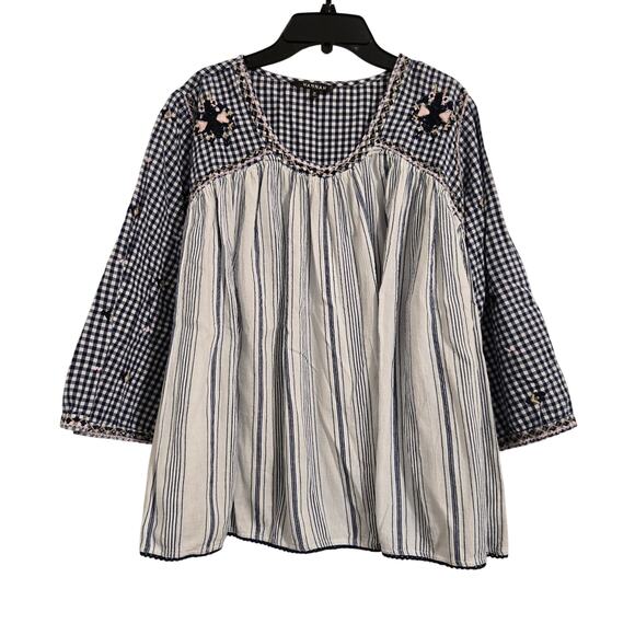 Hannah Tops - Hannah Embroidered Peasant Blouse Size Small Boho Gingham Plaid Floral Cottage